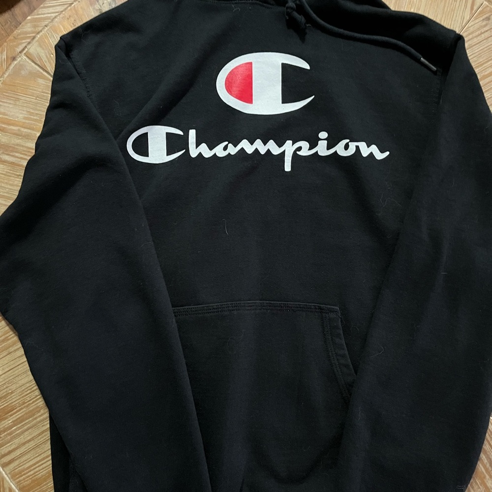 Champion Black Hoodie with Red and White Logo